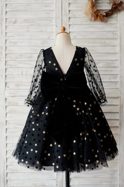 Black Gold Star Tulle V Back Long Sleeves Wedding Flower