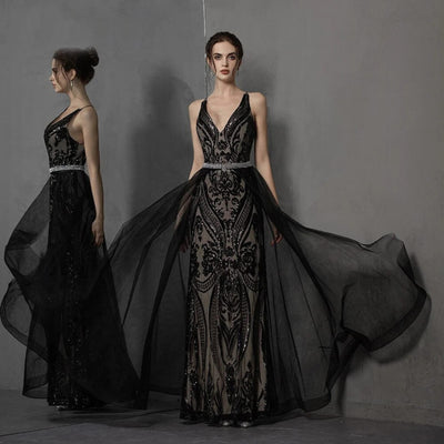 Black Goth Cross Back Lace Sequin Wedding Dress Detachable