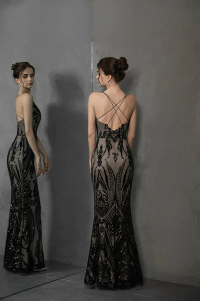 Black Goth Cross Back Lace Sequin Wedding Dress Detachable