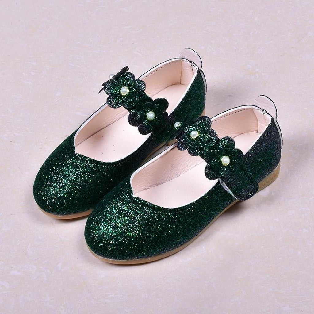 Black / Green / Lavender Leather Sequin Pearl Flat Princess