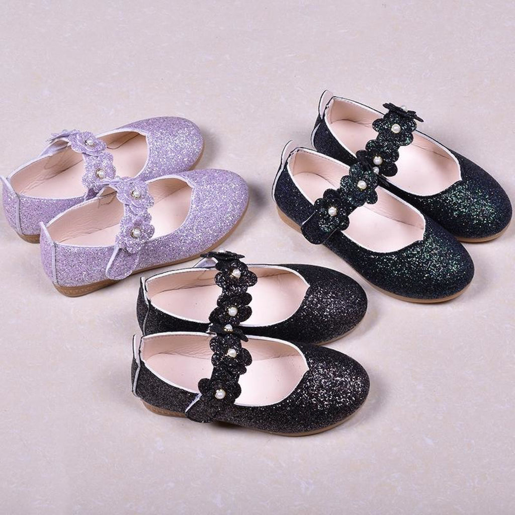 Black / Green / Lavender Leather Sequin Pearl Flat Princess