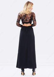 Black Illusion Lace Bra Ankle Length Wrap Slit Chiffon Skirt