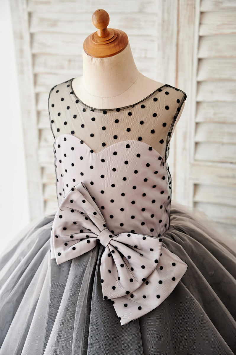 black cupcake dress Polka Dots Tulle Corset Back Ball Gown Wedding Flower Girl 7T Waist:36 Camomile VI Black Dresser up back for easy color_Blue Flower