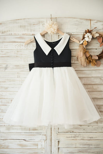 Black Satin Ivory Tulle Wedding Flower Girl Dress with V