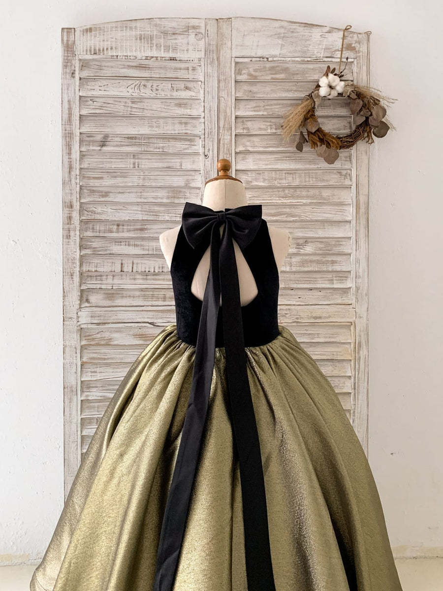 Black Velvet Gold Jacquard Keyhole Back Kids Party Flower Girl Dress 9T Black Velvet Gold Jacquard Keyhole Back Kids Party Flower Girl Dress 9T