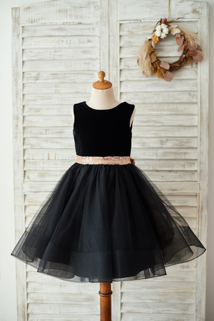 Black Velvet Tulle Keyhole Back Wedding Flower Girl Dress