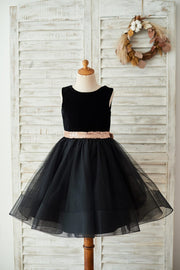 Black Velvet Tulle Keyhole Back Wedding Flower Girl Dress 