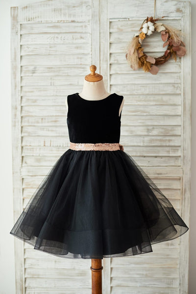 Black Velvet Tulle Keyhole Back Wedding Flower Girl Dress