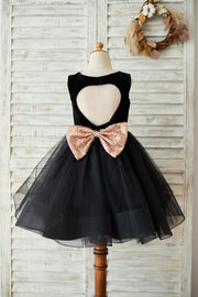 Black Velvet Tulle Keyhole Back Wedding Flower Girl Dress