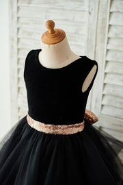 Black Velvet Tulle Keyhole Back Wedding Flower Girl Dress 