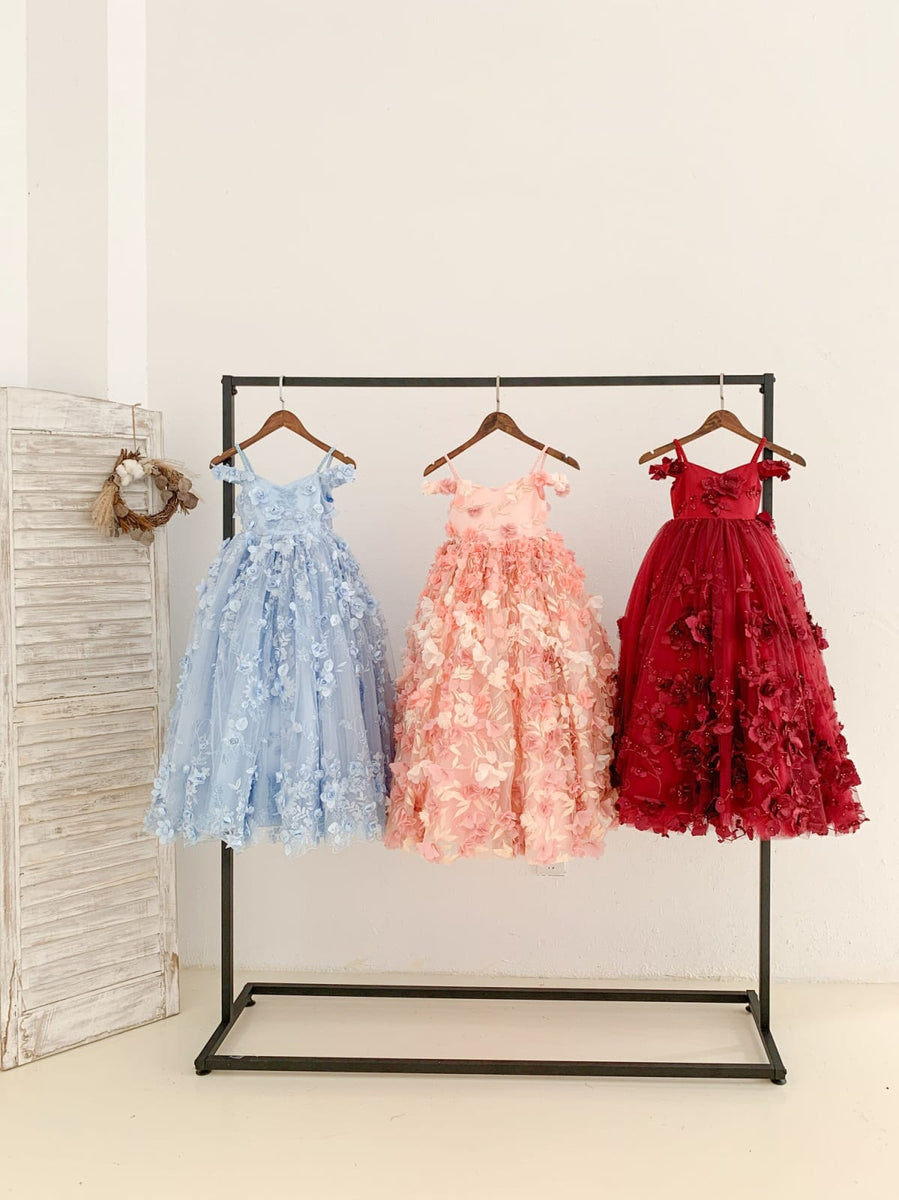 Blue 3D Beaded Lace Flower Tulle Off Shoulder Wedding Flower Girl Dres