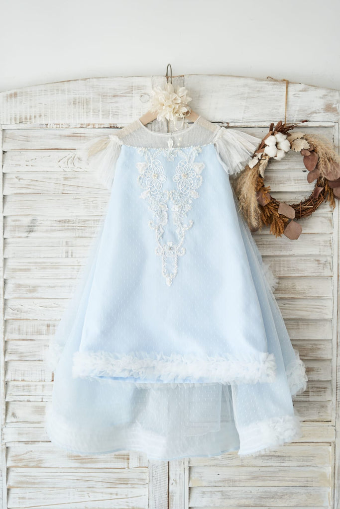 Blue Polka Dot Lace Tulle Cap Sleeves Wedding Flower Girl