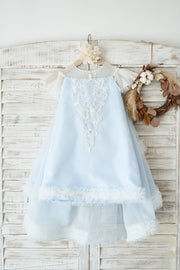 Blue Polka Dot Lace Tulle Cap Sleeves Wedding Flower Girl 