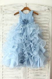 Blue Satin Ruffle Organza Skirt TUTU Princess Flower Girl