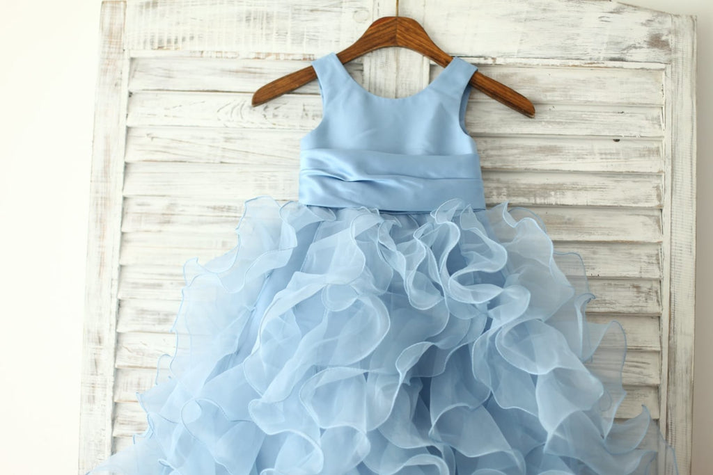 Blue Satin Ruffle Organza Skirt TUTU Princess Flower Girl