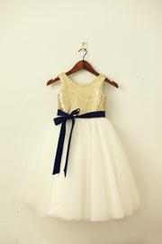 Blush Pink / Gold Sequin Ivory Tulle Flower Girl Dress with
