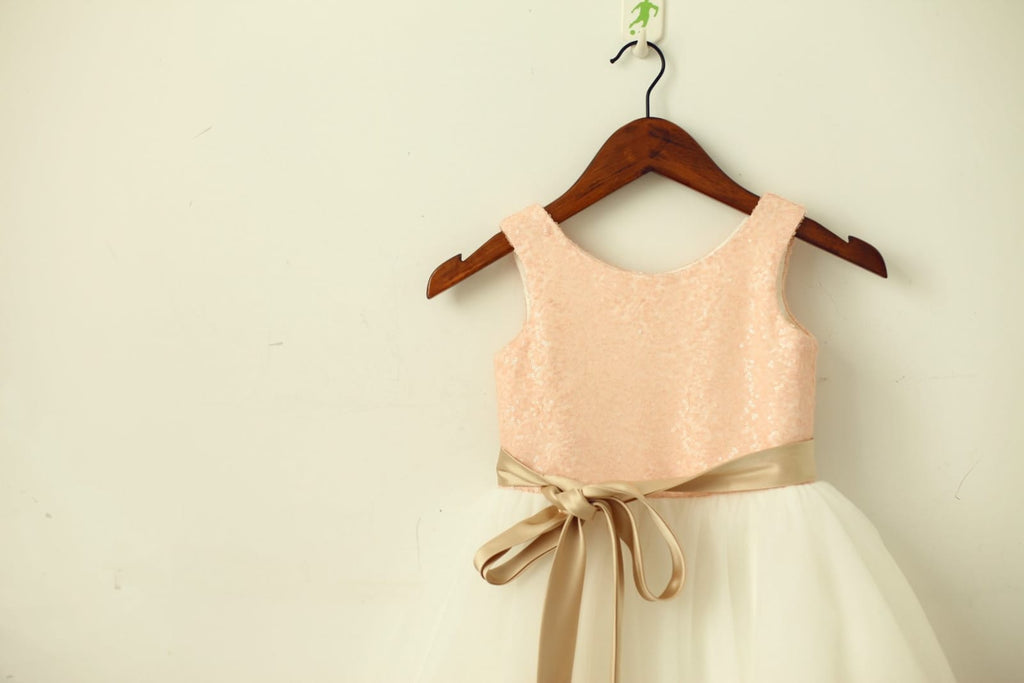 Blush Pink / Gold Sequin Ivory Tulle Flower Girl Dress with