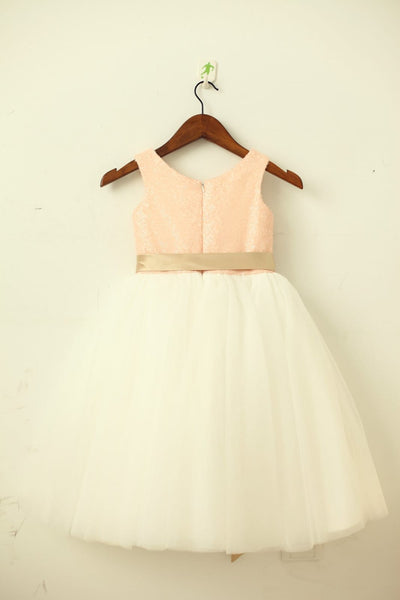 Blush Pink / Gold Sequin Ivory Tulle Flower Girl Dress with