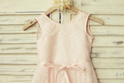 Blush Pink Lace V Back Flower Girl Dress with Thin Sash