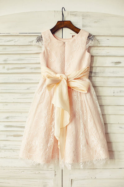 Blush Pink Satin Ivory Lace Cap Sleeves Flower Girl Dress