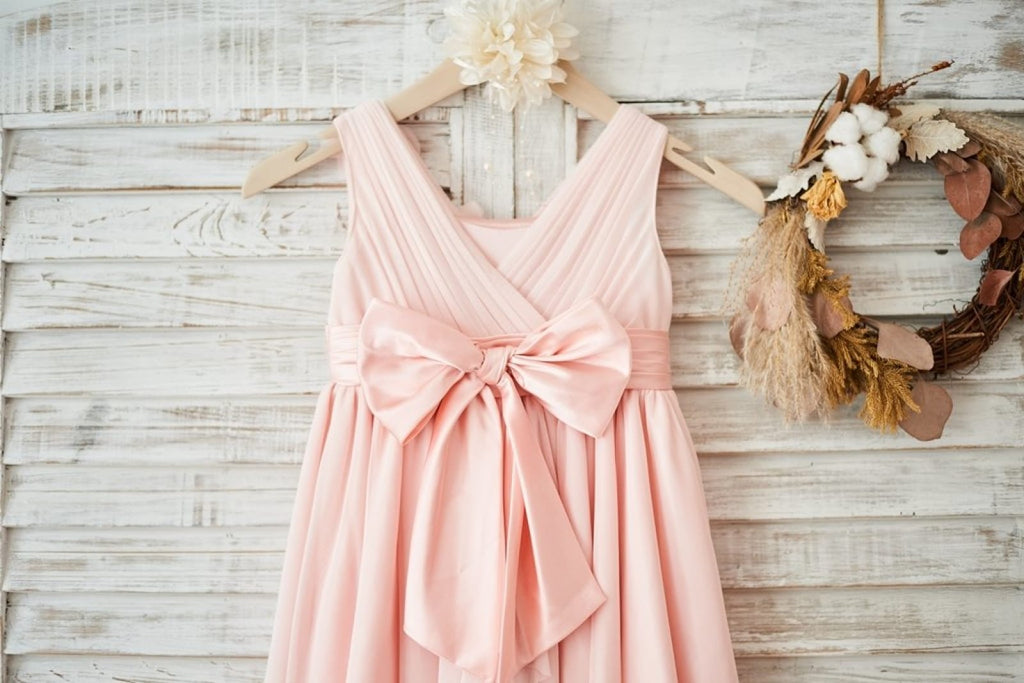 Blush Pink Tulle V Neck Wedding Flower Girl Dress with