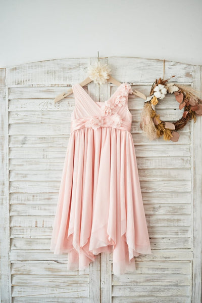 Blush Pink Tulle V Neck Wedding Flower Girl Dress with 