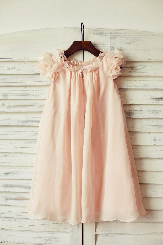 Boho Beach Blush Pink Chiffon Flower Girl Dress with