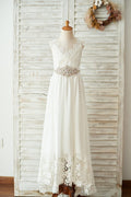Boho Beach Lace Chiffon Backless Long Wedding Flower Girl Dress, Belt