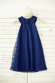 Boho Beach Navy Blue Chiffon Flower Girl Dress with Pearl