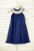 Boho Strand Marineblau Chiffon Perle Perlen Hals Blumenmädchenkleid