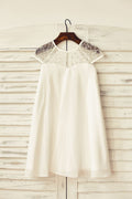 Boho Sheer Neck Ivory Chiffon Flower Girl Dress