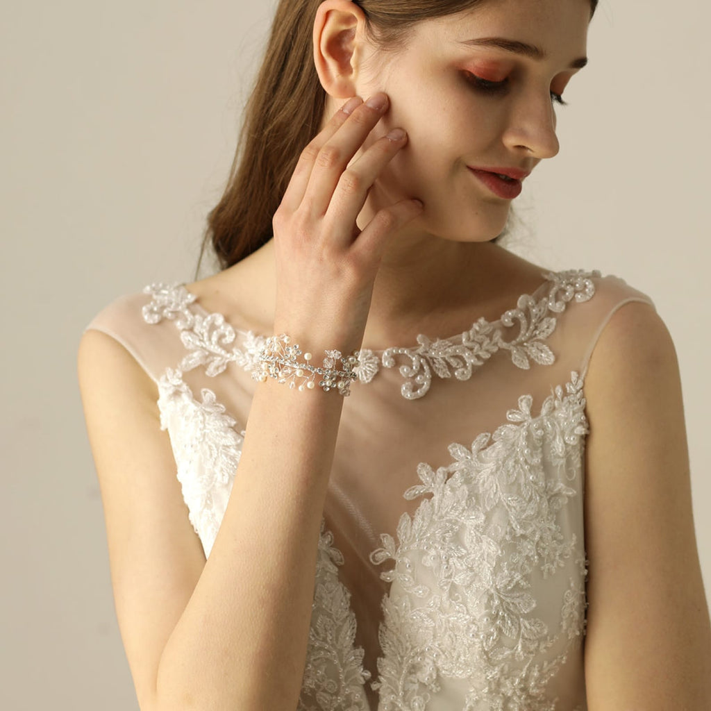 Bridal Pearl Flower Bracelet Trendy Crystal Vintage Silver