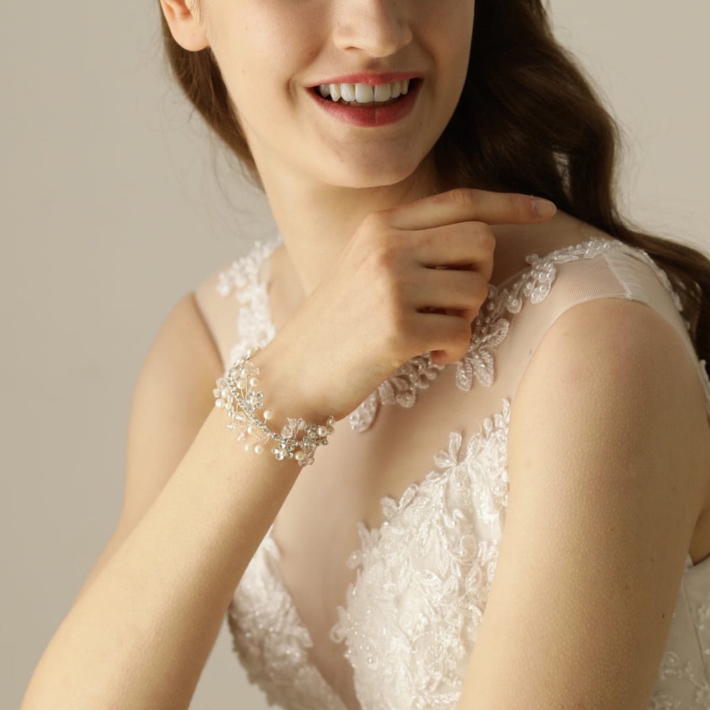 Bridal Pearl Flower Bracelet Trendy Crystal Vintage Silver