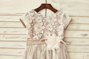 Brown Satin Ivory Lace Short Sleeve Flower Girl Dress