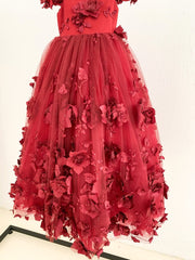 Burgundy 3D Beaded Lace Flower Tulle Off Shoulder Wedding