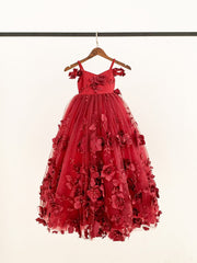 Burgundy 3D Beaded Lace Flower Tulle Off Shoulder Wedding