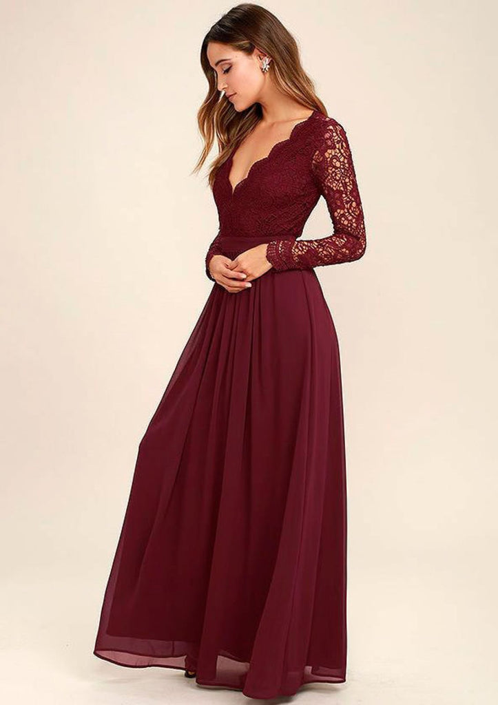 Burgundy Chiffon A-Line Scalloped Neck Long Wedding Party