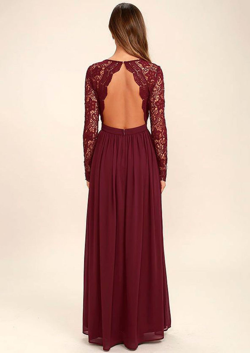 Vintage Burgundy Lace Long Sleeve Open-back Bridesmaid Dress