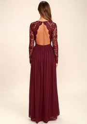 Burgundy Chiffon A-Line Scalloped Neck Long Wedding Party
