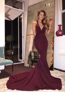 Burgundy Satin X Back Court Mermaid Plunging Sleeveless Prom Dress