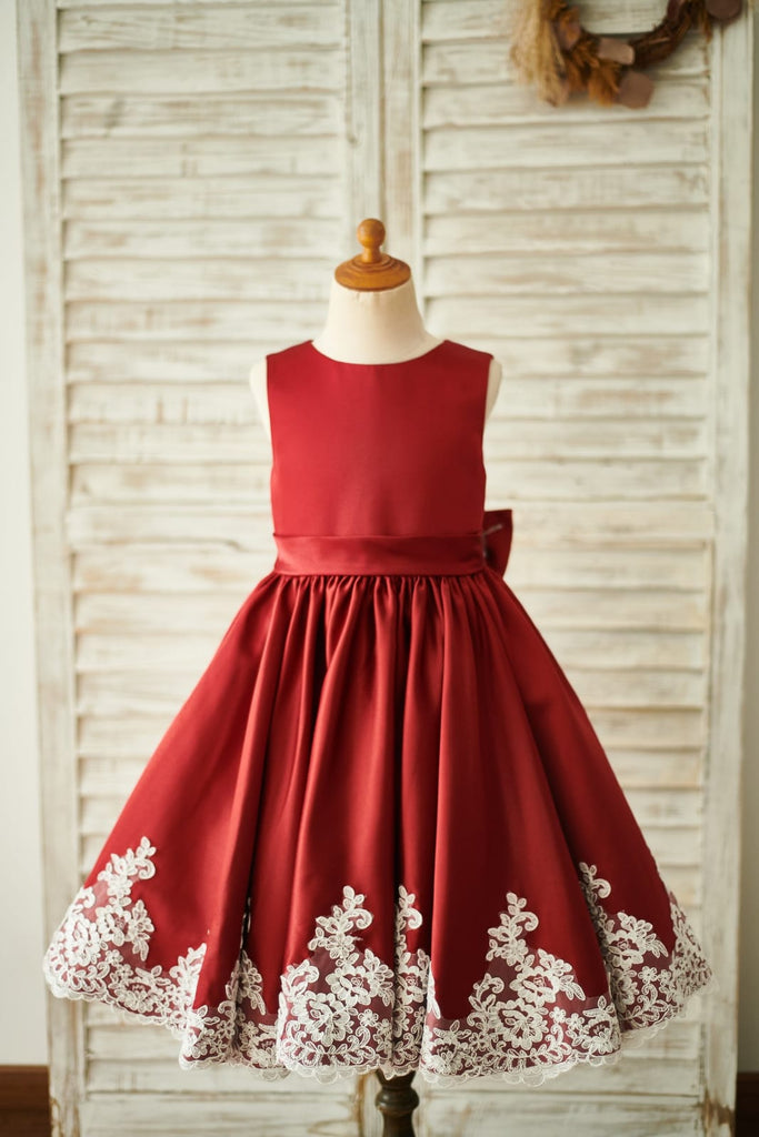 Burgundy Satin Ivory Lace Keyhole Back Wedding Flower Girl