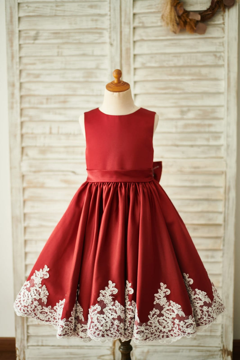 Burgundy Satin Ivory Lace Keyhole Back Wedding Flower Girl Dress 7T Burgundy Satin Ivory Lace Keyhole Back Wedding Flower Girl Dress 7T