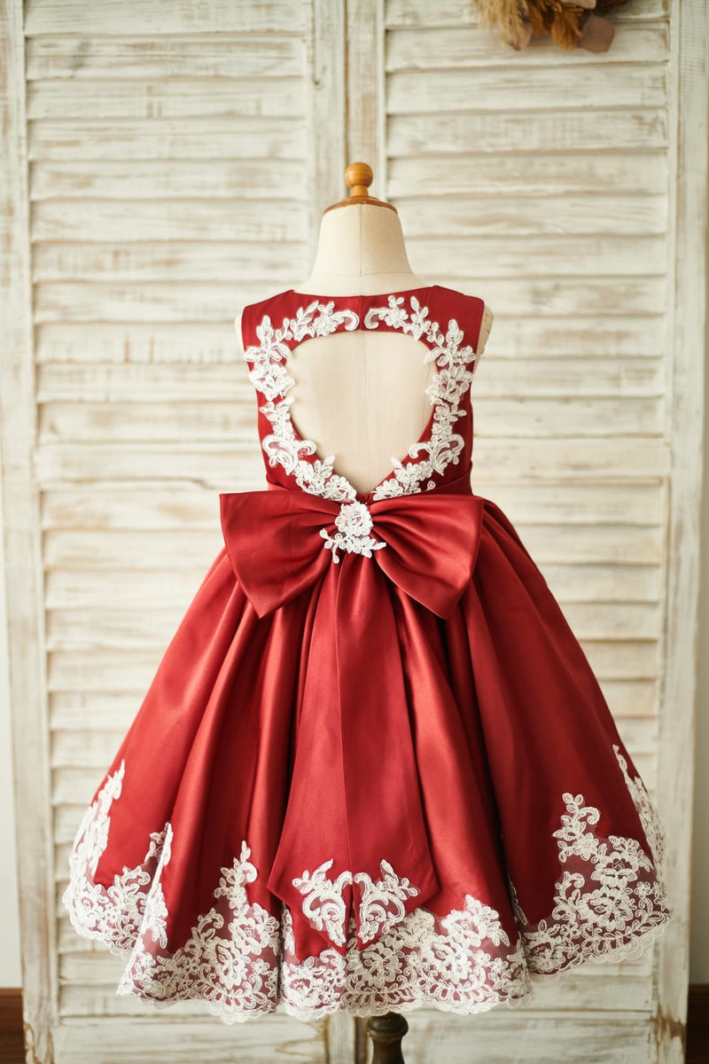 Burgundy Satin Ivory Lace Keyhole Back Wedding Flower Girl Dress Custom Size