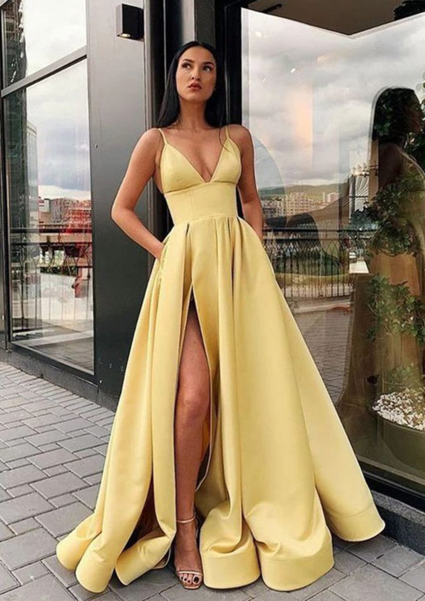 Burgundy Satin Spaghetti Strap V Neck Sweep Train Split Prom Dress