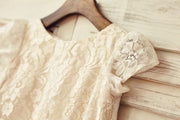 Cap Sleeve Ivory Lace Champagne Lining Flower Girl Dress