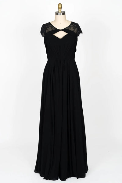 Cap Sleeve Keyhole Gathered Black Chiffon Lace Bridesmaid