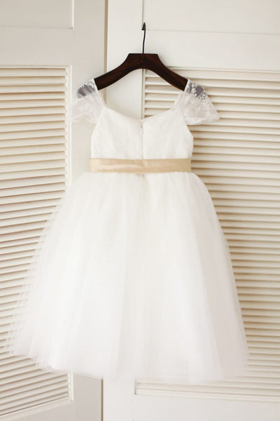 Cap Sleeves Ivory Lace Tulle Flower Girl Dress with