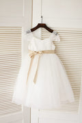 Cap Sleeves Ivory Lace Tulle Flower Girl Dress, Sash