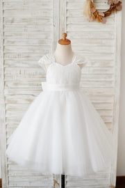Cap Sleeves Ivory Lace Tulle Wedding Flower Girl Dress with