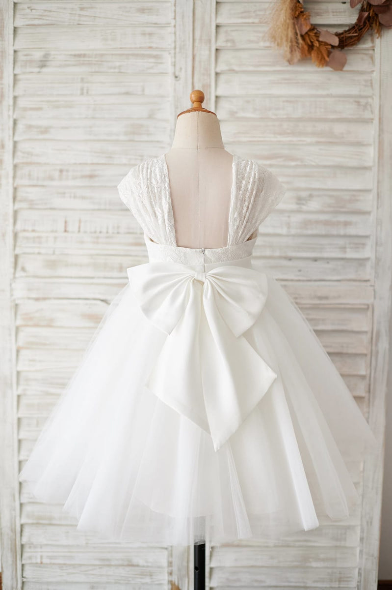 Backless Gray Lace Tulle Flower Girl Dress, Big Bow